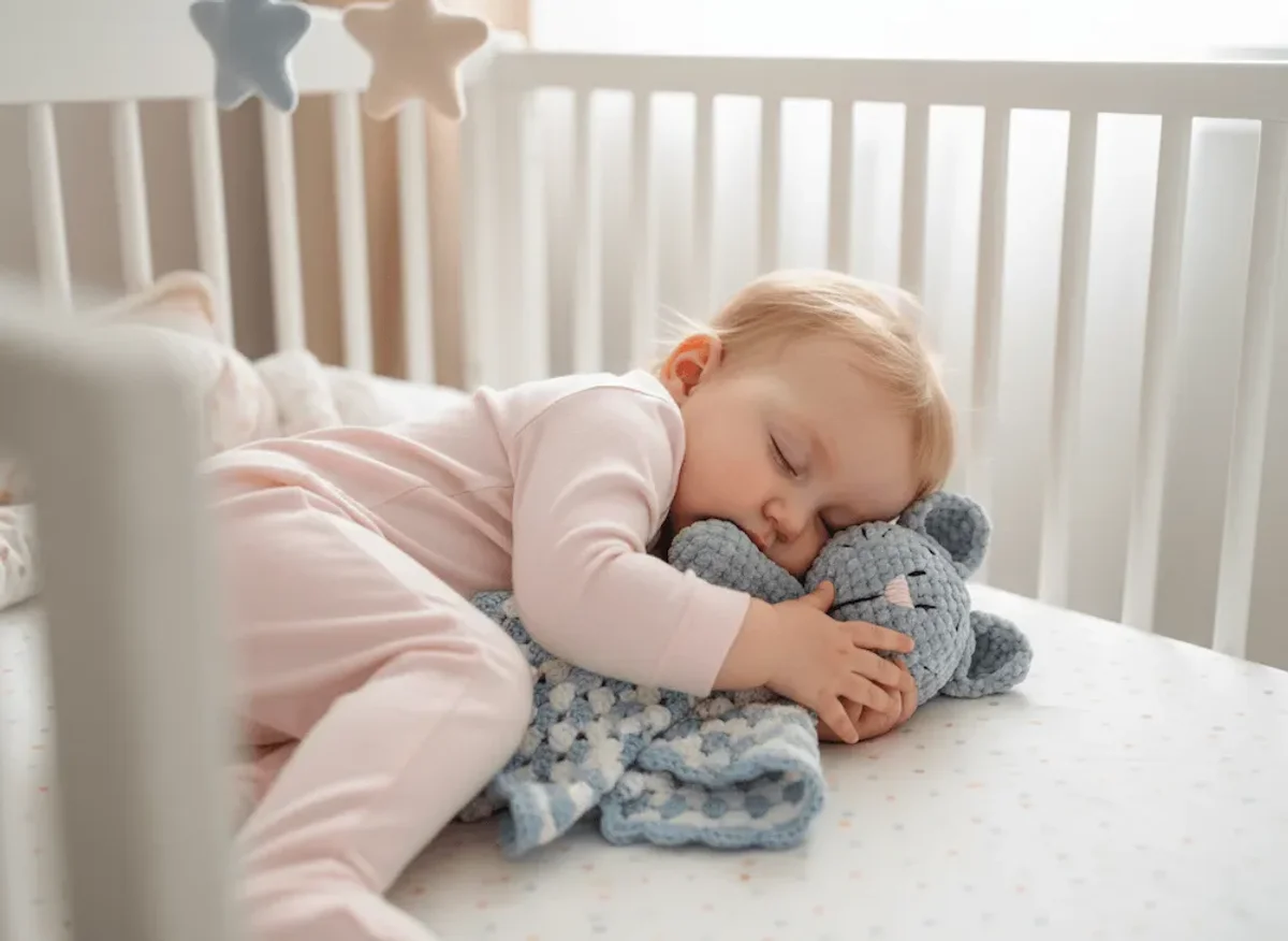 Bebé durmiendo plácidamente con su mantita de apego en la cuna
